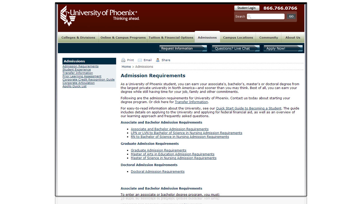 University of Phoenix Admissions Page
