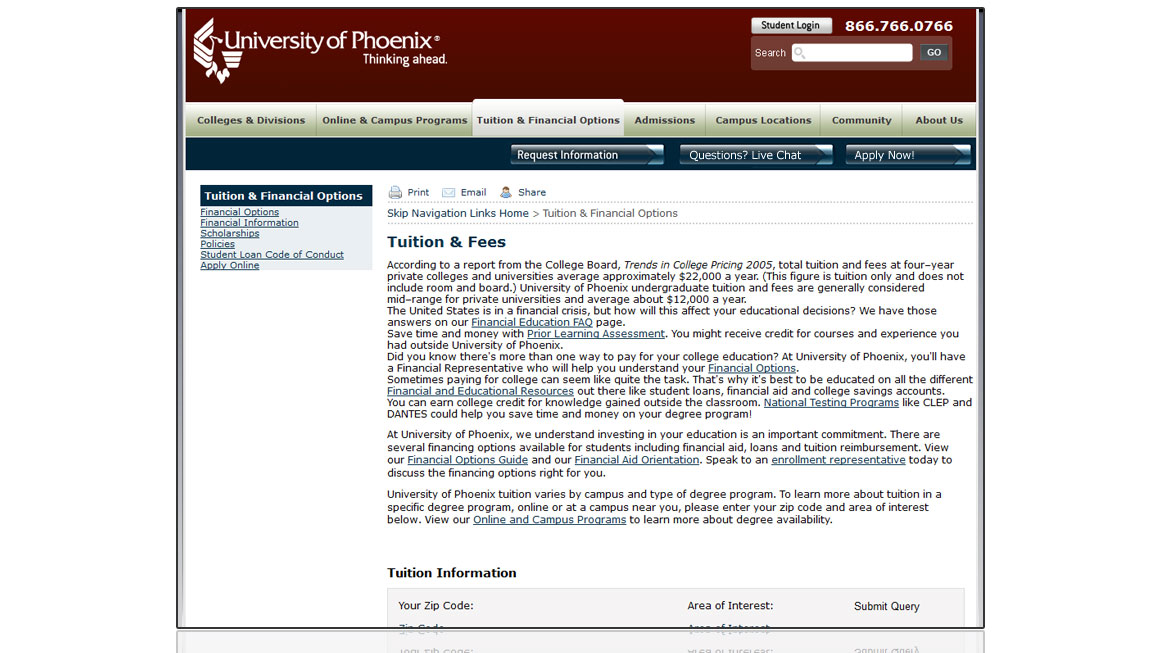 University of Phoenix Tuition Page